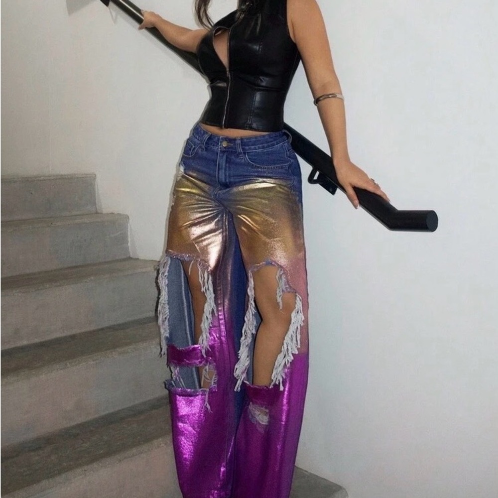 Metallic Multicolor Ripped Wide-Leg Jeans - Picture 6 of 6